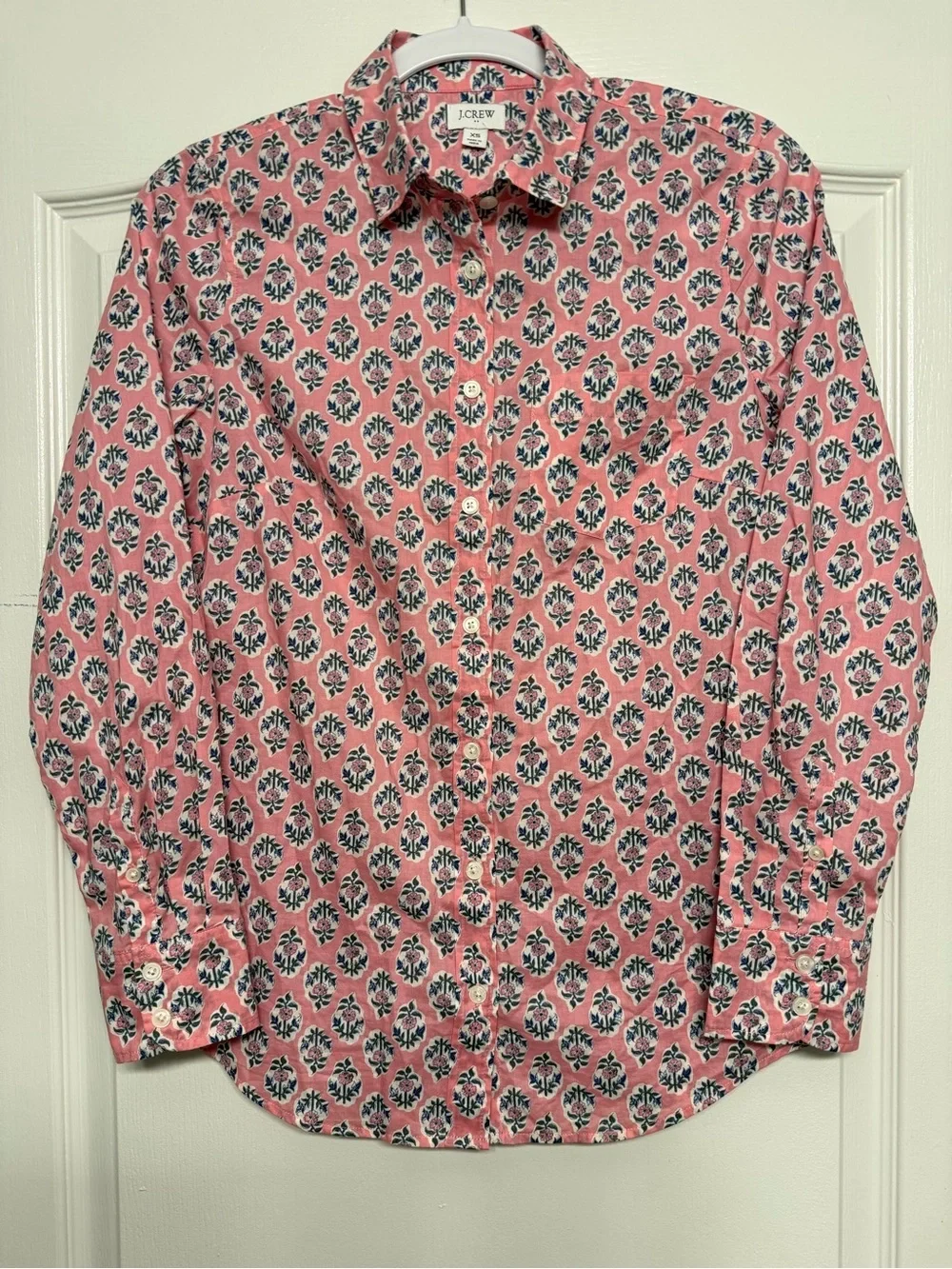 J.Crew XS Pink Block Print Floral Cotton Button Down Shirt Preppy Cottagecore
